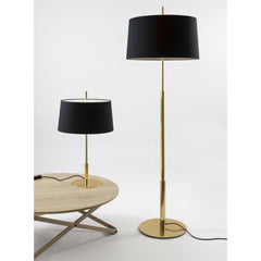 Santa Cole Diana Floor and Table Lamps in Shiny Gold with Black Linen Shades in Room