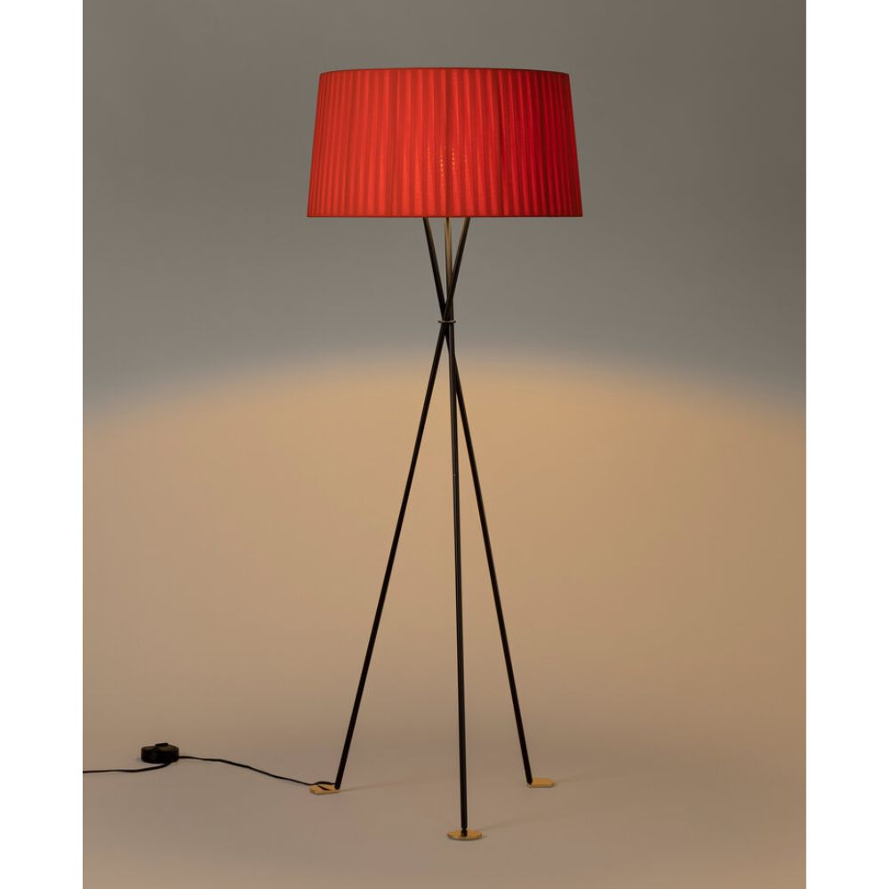 Santa Cole Tripode Floor Lamp Red Amber Shade Brass Feet Light On