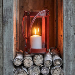 Skargaarden Marstrand Candle Holder Dark Brown Leather on Logs