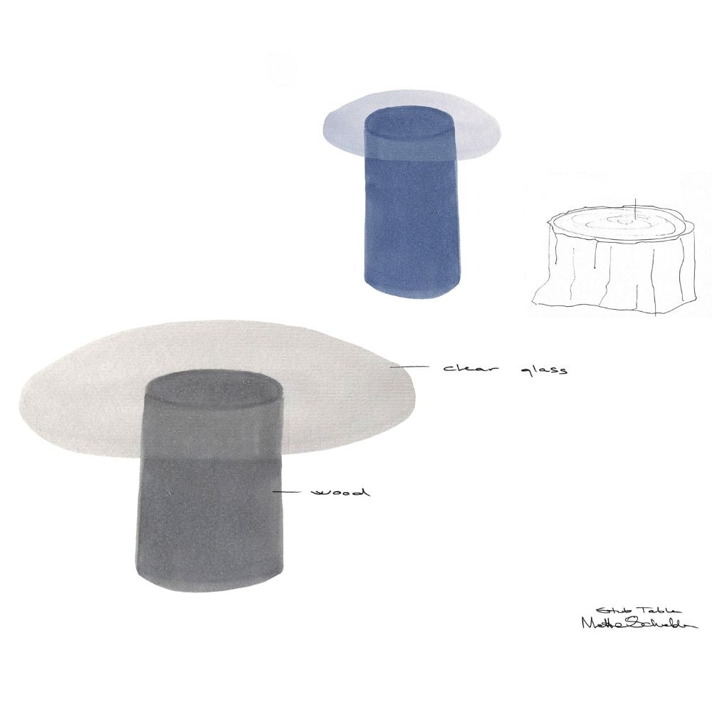 Fritz Hansen Stub Side Tables with Tree Strump Sketch and Watercolor by Mette Schelde