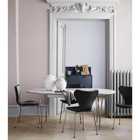 Piet Hein Arne Jacobsen White Super Elliptical Table with Black Leather Series 7 Chairs Fritz Hansen