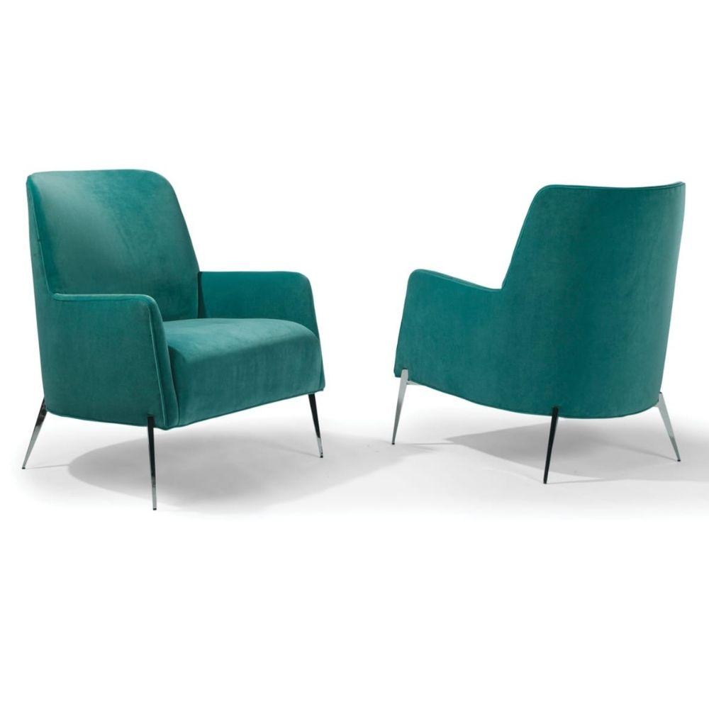 Thayer Coggin Mia Chair Teal with Polished Stainless Steel Legs Front and Back