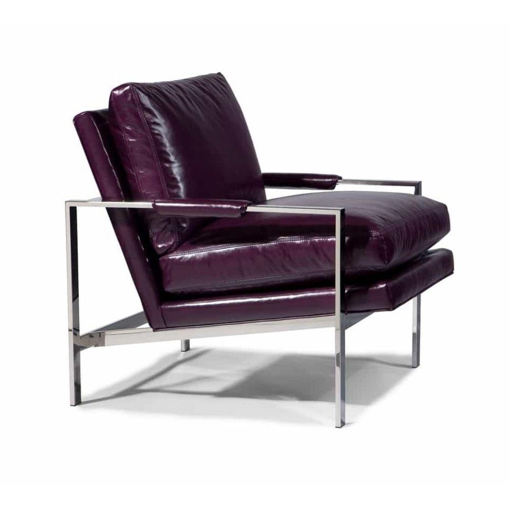 Thayer Coggin Milo Baughman 951 Design Classic Lounge Chair Plum Leather with Polished Stainless Steel Frame