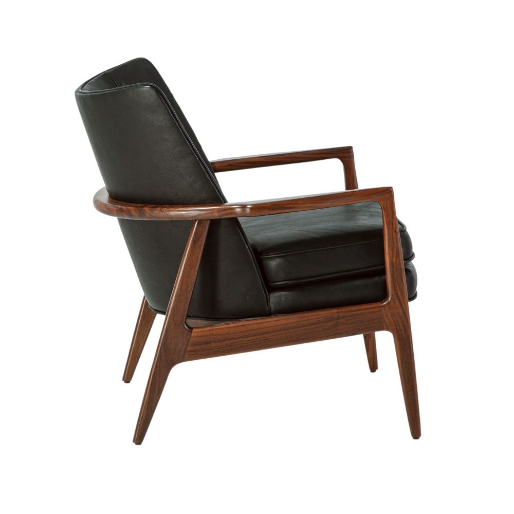 Thayer Coggin Milo Baughman Craper Chair Black Leather Tufted with Walnut Frame Side