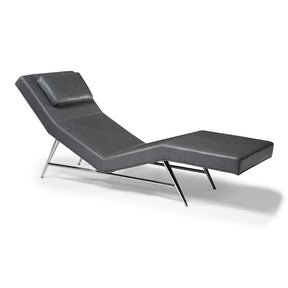 Thayer Coggin Milo Baughman Fred Chaise Lounge Model 1231 Slate Grey Leather with Polished Stainless Steel Base
