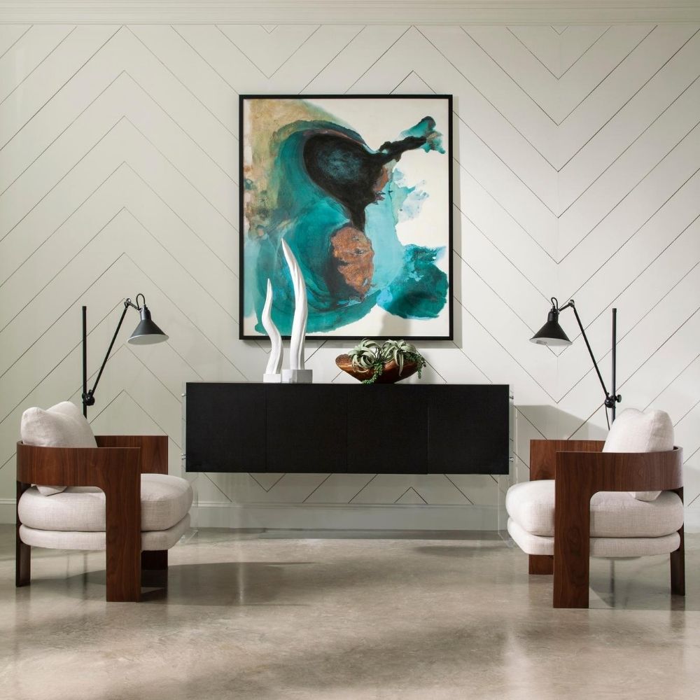 Thayer Coggin Milo Baughman On Three Lounge Chairs in room with Floating Credenza