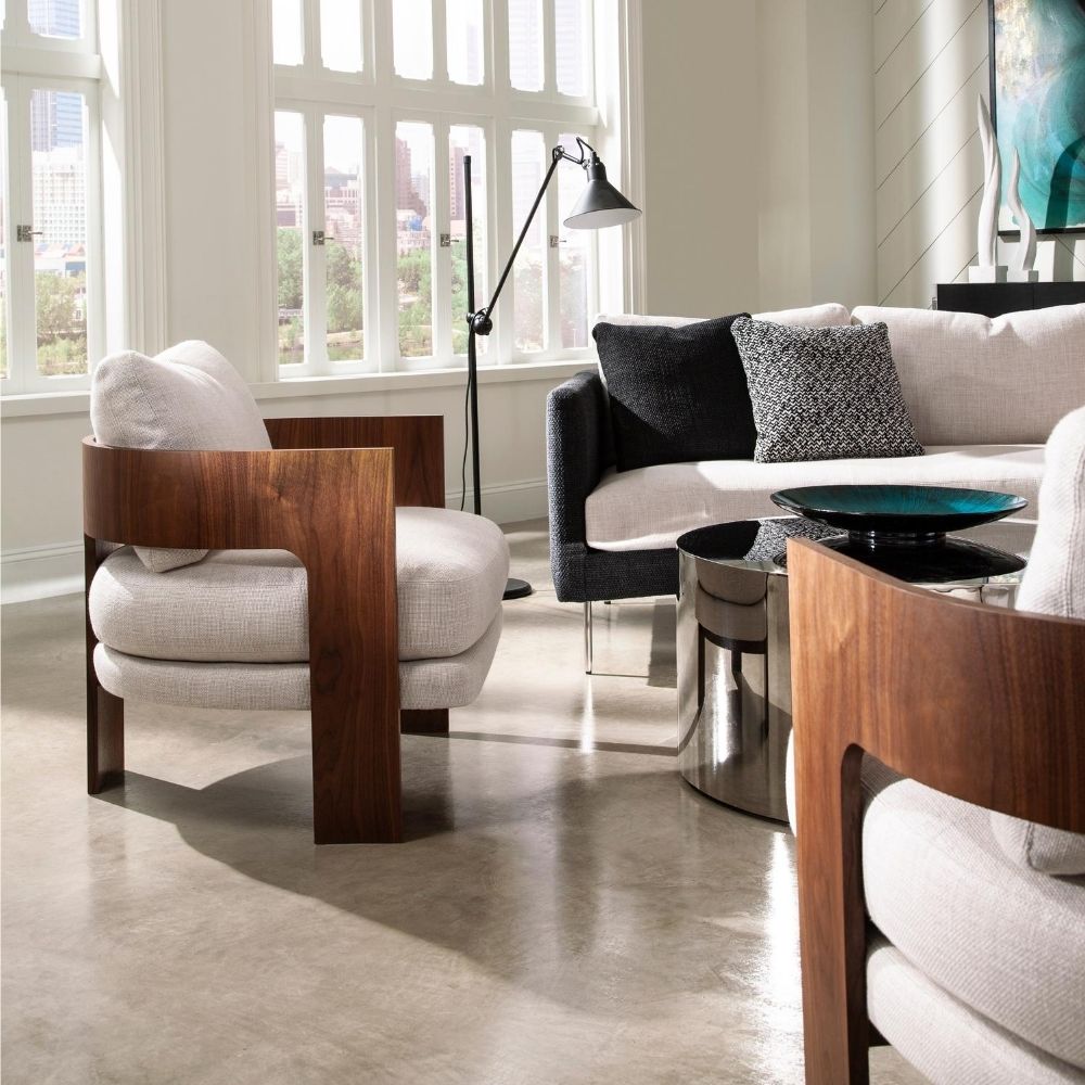 Thayer Coggin Milo Baughman On Three Lounge Chairs in room with Slice Sofa and Drum Table