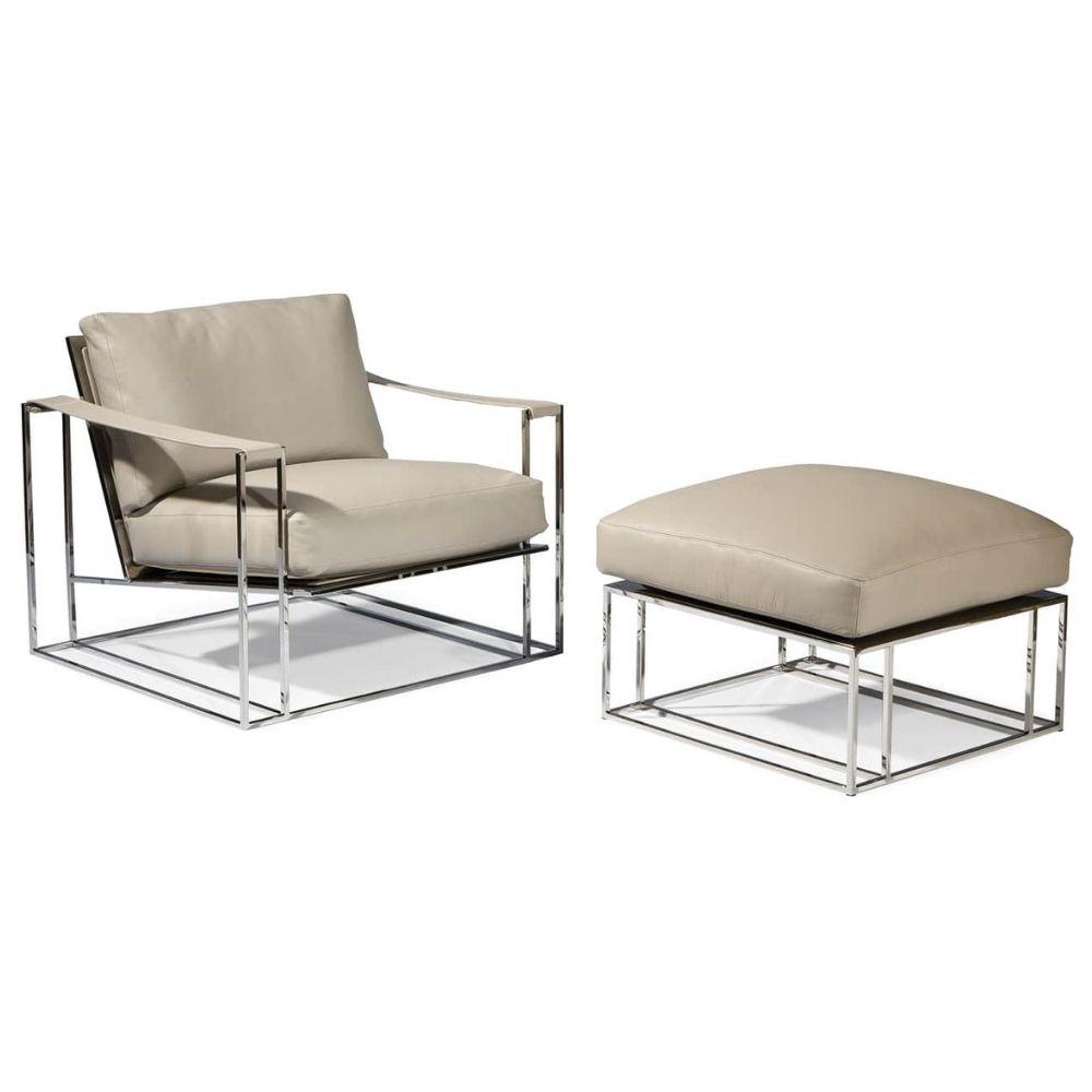 Thayer Coggin Milo Baughman Sling Ottoman and chair white leather with polished stainless steel