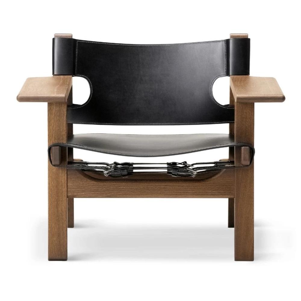 The Spanish Chair by Børge Mogensen for Fredericia in Black Leather and Oiled Smoked Oak