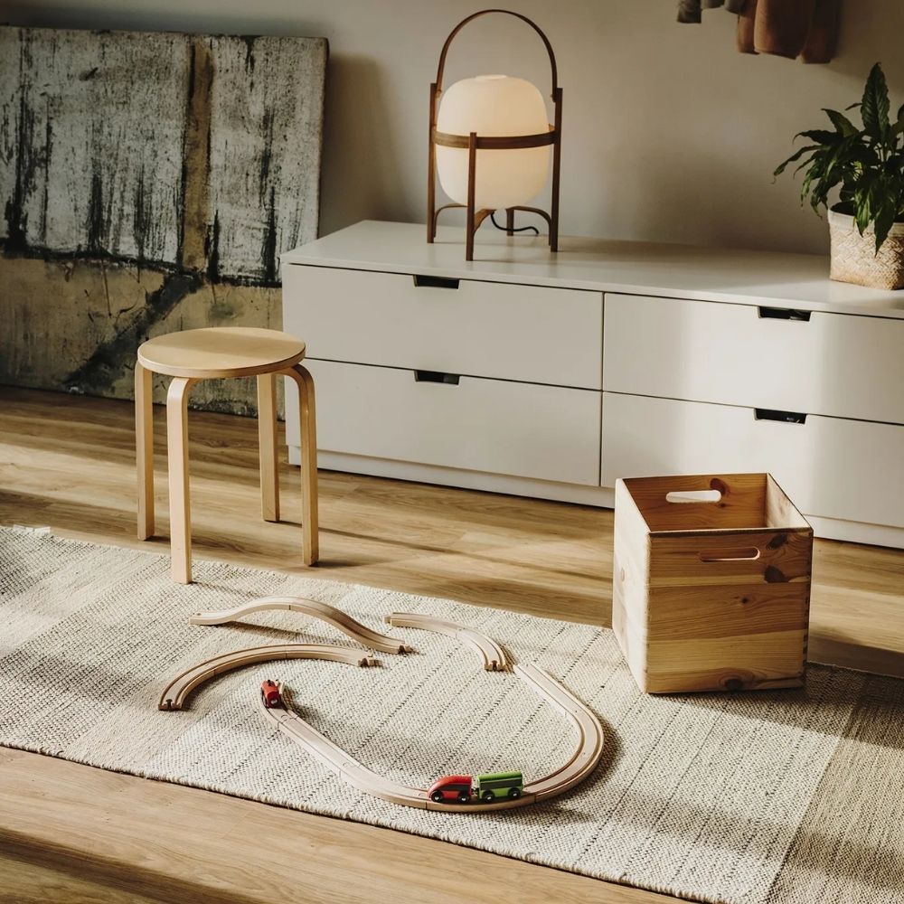 Nanimarquina Tres Stripes Runner Ochre in room with Cesta Table Lamp and Alvar Aalto Stool E60