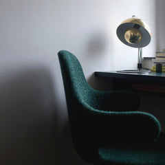 Verner Panton Brass Flowerpot Lamp VP4 in room with Catch Chair by Jaime Hayon for And Tradition Copenhagen