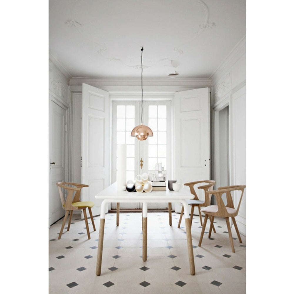 Verner Panton Flower Pot Pendant VP1 Copper over Dining Table with InBetween Chairs & Tradition