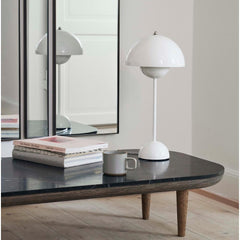 Verner Panton VP3 Flowerpot Lamp in White Styled with Fly Table And Tradition Copenhagen