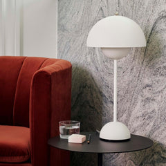 Verner Panton VP3 Flowerpot Lamp in Matte White Styled with Loafer Chair And Tradition Copenhagen