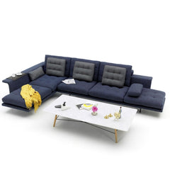 Vitra Antonio Citterio Grand Sofá in Midnight Blue in Situ with Mustard Yellow Eames Blanket and Coffee Table