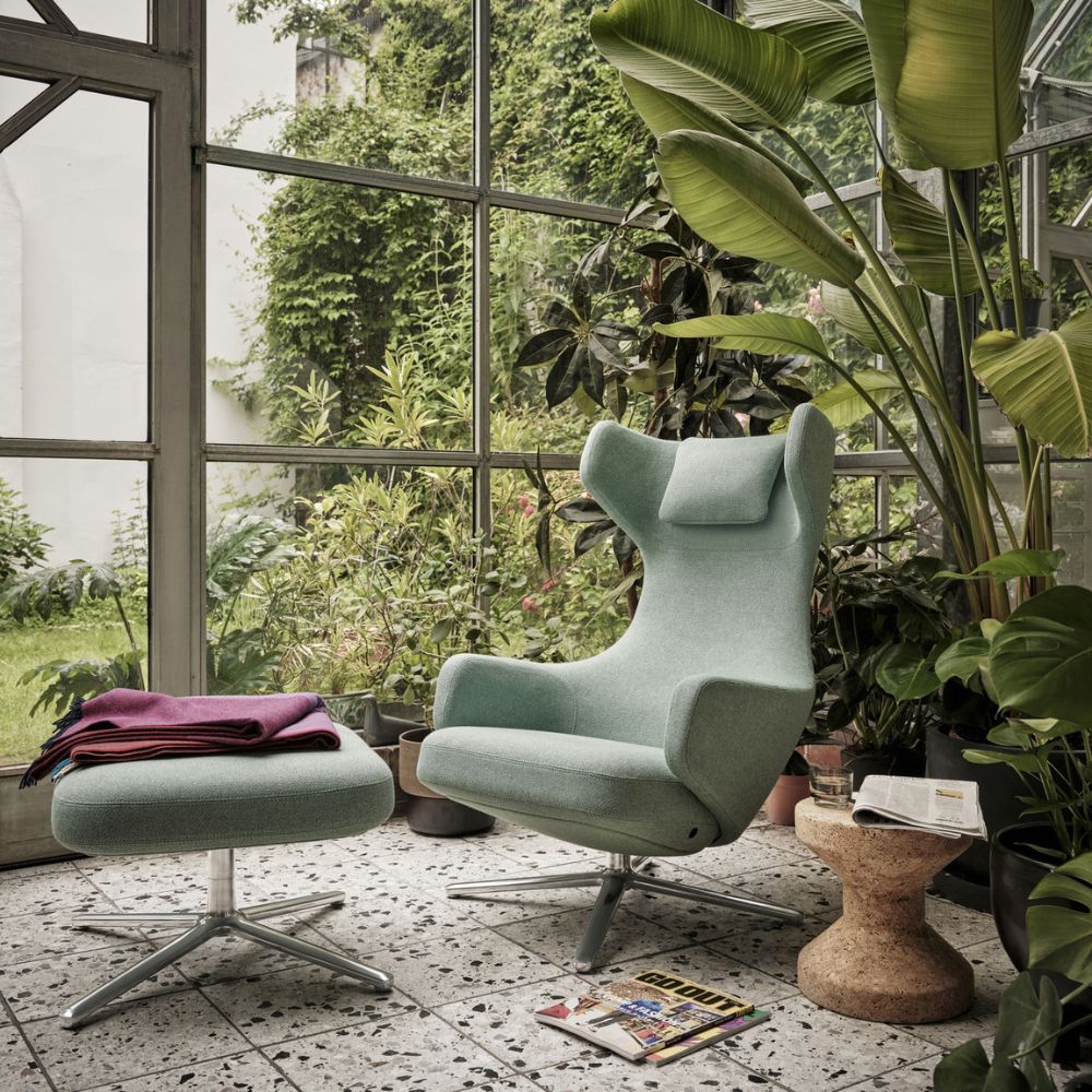 Vitra Grand Repos and Ottoman by Antonio Citterio in Sunroom with Cork Stool