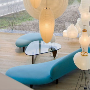 Vitra Noguchi Freeform Sofa Ottoman and Coffee Table in Living Room with Noguchi Lanterns