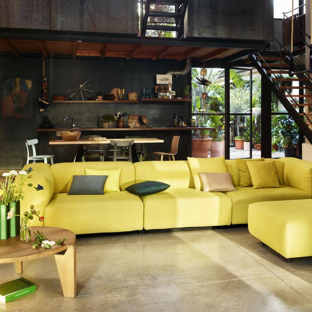 Vitra Prouve Gueridon Bas Coffee Table in room with yellow Jasper Morrison Soft Modular Sofa