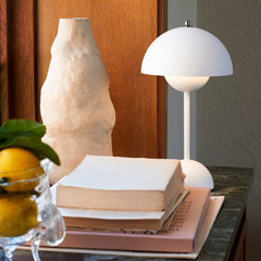 VP9 Flowerpot Lamp Matte White on Marble Table with Books