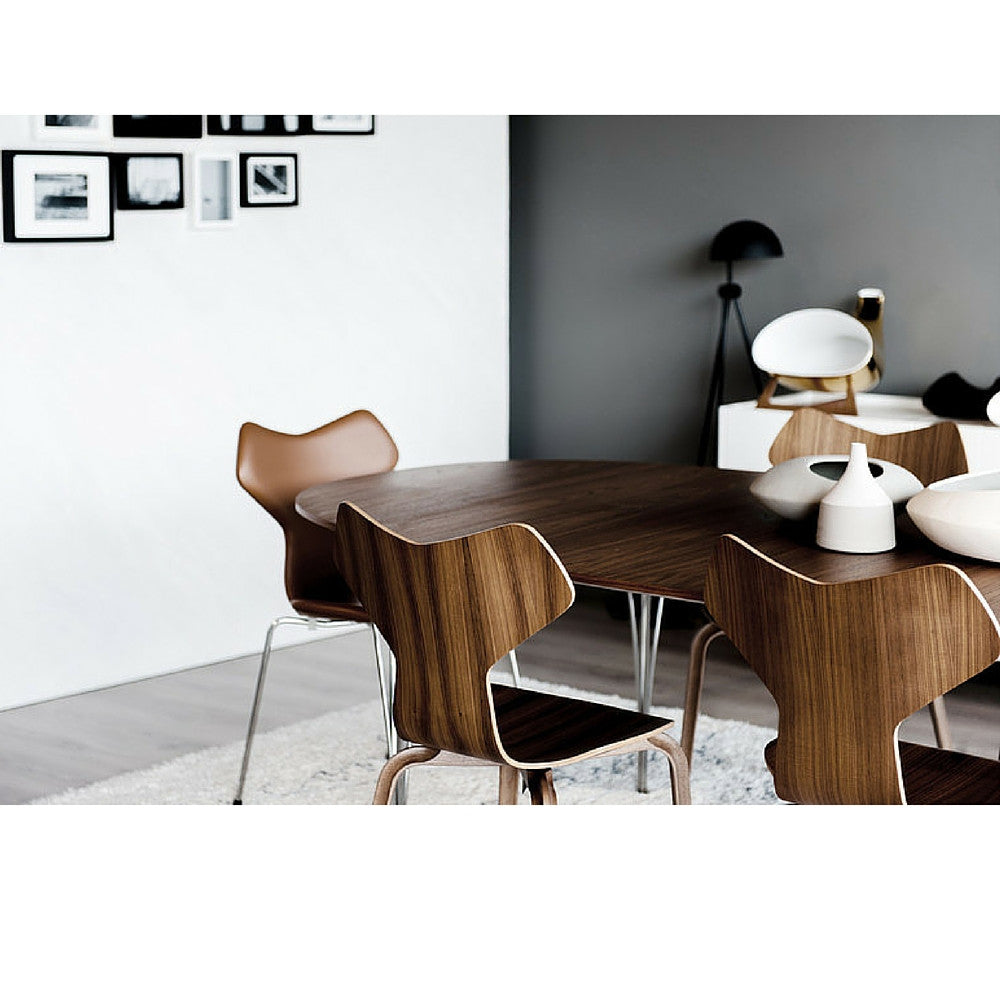Walnut and Leather Grand Prix Chairs in Room with Super Elliptical Table Fritz Hansen