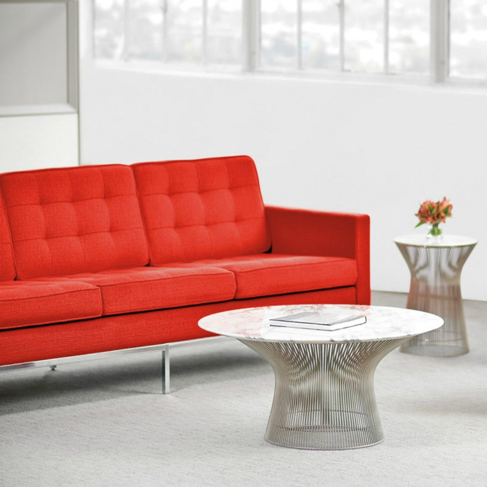 Warren Platner Marble Coffee Table in Room with Red Florence Knoll Sofas