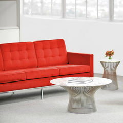Platner Side Table and Coffee Table with Marble Tops in Room with Florence Knoll Sofa