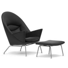 Black Leather Oculus Lounge Chair with Black Leather CH446 Footrest by Hans Wegner for Carl Hansen & Søn