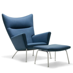 Oculus Lounge Chair with Balder 1549 Blue Fabric along with CH446 Footrest with Balder 1549 Blue Fabric by Hans Wegner for Carl Hansen & Søn