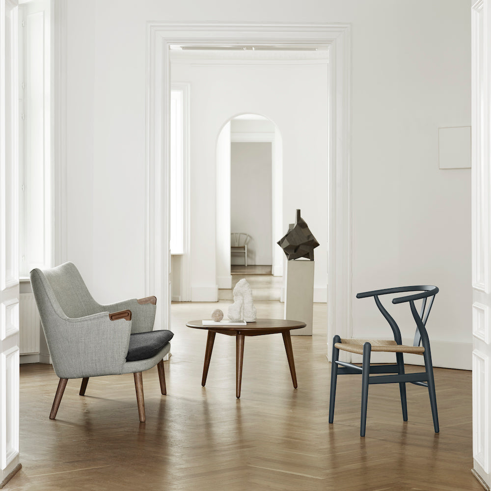 CH24 Wishbone Chair Soft Grey with CH72 Sofa and CH008 Coffee Table in Copenhagen