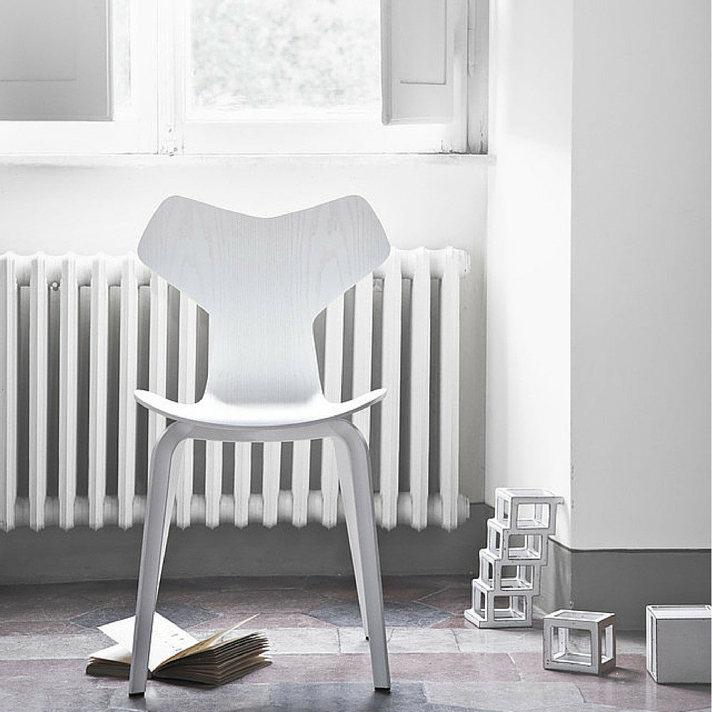 White Ash Grand Prix Chair with Wood Legs in Room Arne Jacobsen Fritz Hansen